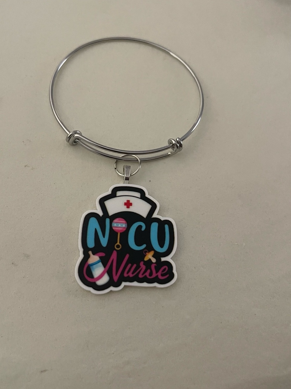 NICU Nurse Charm Bangle Bracelet - Black, Blue & Pink